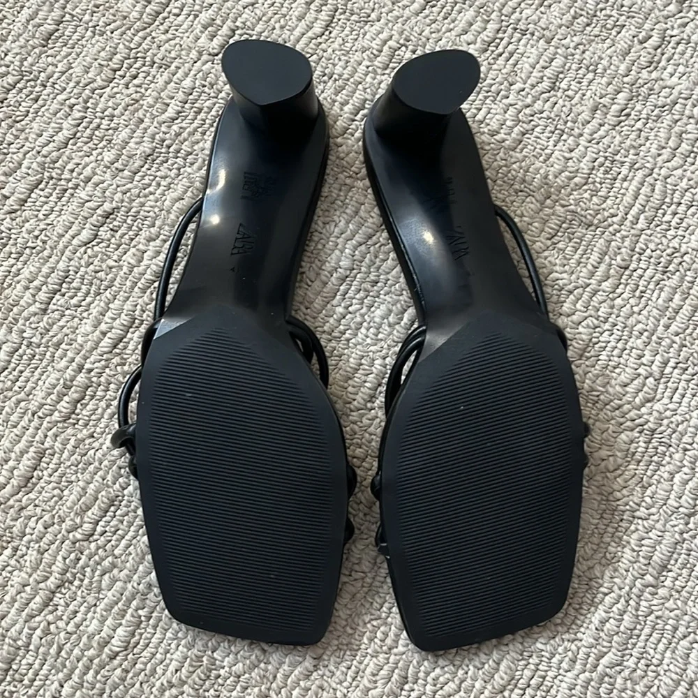 Zara Black Leather Strappy Block Heel Square Toe Mule Sandal Size 41 US 10 - Picture 10 of 11